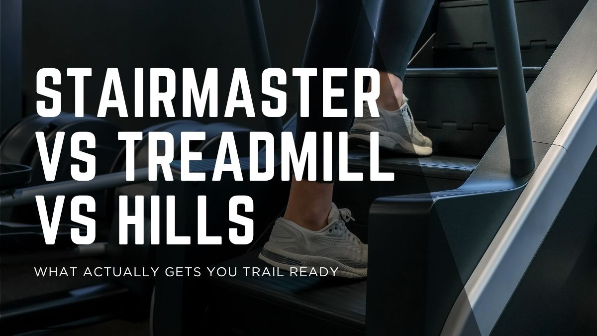 Stairmaster vs incline treadmill: close-up of a person's feet in white sneakers climbing a Stairmaster in a gym, with the article title overlaid